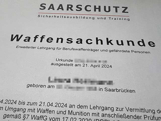 Waffensachkunde für Berufswaffenträger Saarland